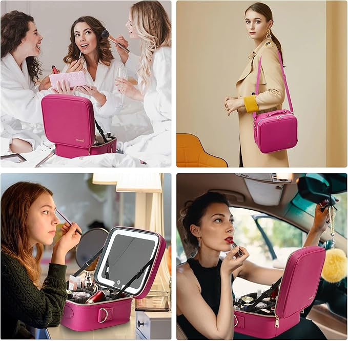 Mocado Travel Makeup Bag with LED Lighted Mirror,Travel Makeup Organizer,Makeup Case with 3 Color Lighted Setting and 10x Magnifying Mirror,Portable Storage and Adjustable Dividers Makeup Box(Violet)