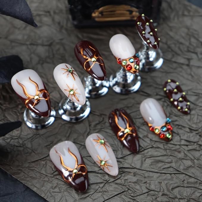 Almond Press on Nails Handmade Medium Long/Stiletto 3D Flower Fake Nail with Designs, Women Reusable False Nails (Bowknot Brown, S)