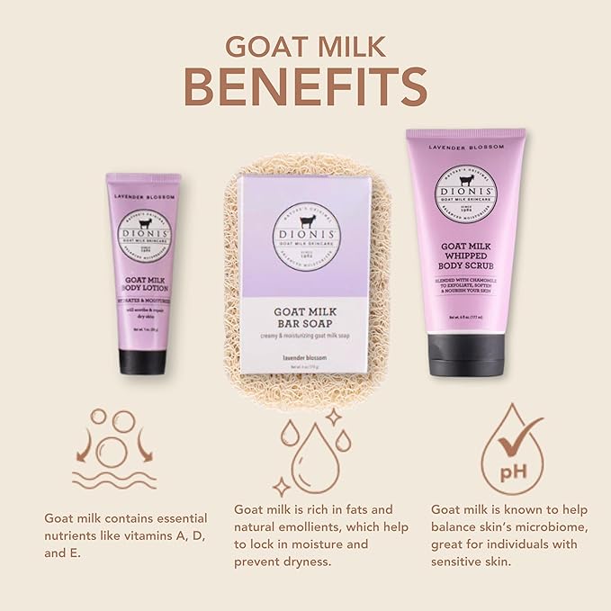 Dionis Lavender Blossom Goat Milk Body Care Bundle, Skincare Essentials For Men and Women, Good For All Skin Types, Cruelty Free and Paraben Free Products