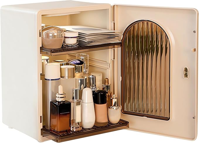 DASITON Large Capacity Makeup Organizer for Countertop, 3 Adjustable Layers Skincare Organizer, Dustproof & Waterproof Makeup Storage, Cosmetic Display Case for Vanity, Bathroom, Bedroom (Cream)