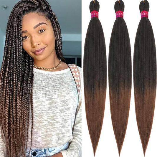 Black-Brown Pre Stretched Braiding Hair 28 Inches Synthetic Braid Hair 3 Packs Hair Braids