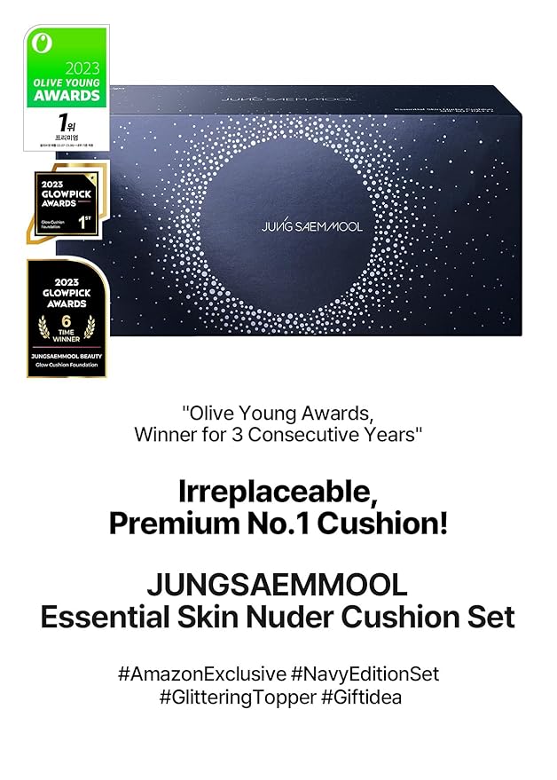 JUNGSAEMMOOL OFFICIAL Essential Skin Nuder Cushion Special Set (Medium) | Navy Edition (Refill included) + Lip-Pression Glittering Topper (2g) + Navy Cushion Puffs (3pcs)