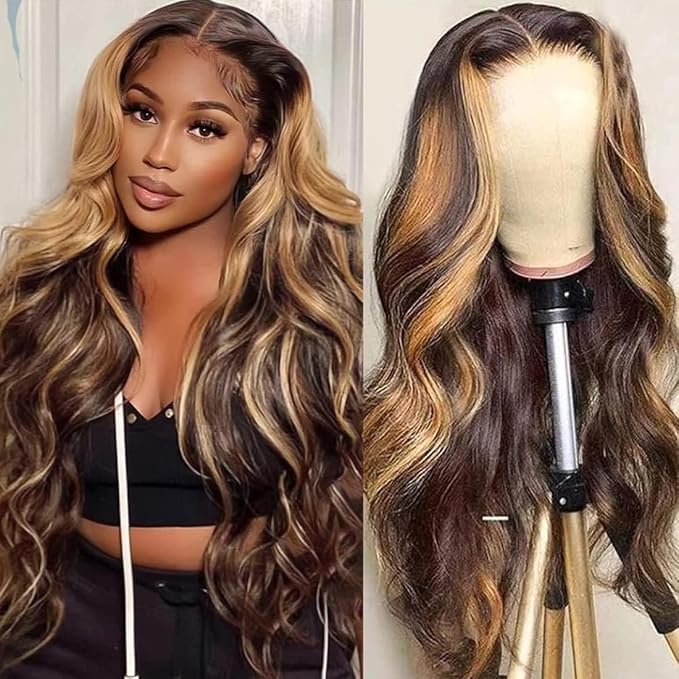 32 Inch Highlight Ombre Lace Front Wigs Human Hair Pre Plucked With Baby Hair 4/27 Colored 13x4 Body Wave Lace Frontal Wigs 180% Density Honey Blonde Lace Front Wig Human Hair