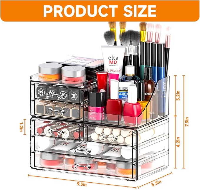 Cq acrylic Make Up Organizers for Vanity With 6 Drawers, 2 Pack Clear Drawer Organizers,Plastic Cute Desk Accessories Organization and Bathroom Organizers Storage Case Box Cube for Beauty,Skin Care