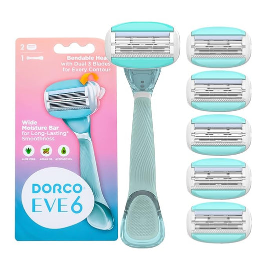 6 Razors for Women for Extra Close Shaving, (1 Razor Handle, 6 Pcs Razor Blade Refills), Double 3 Curved Blades with Bend-in-the-middle Razor Head, Womens Razors for Shaving, Interchangeable Cartridge for Sensitive Skin