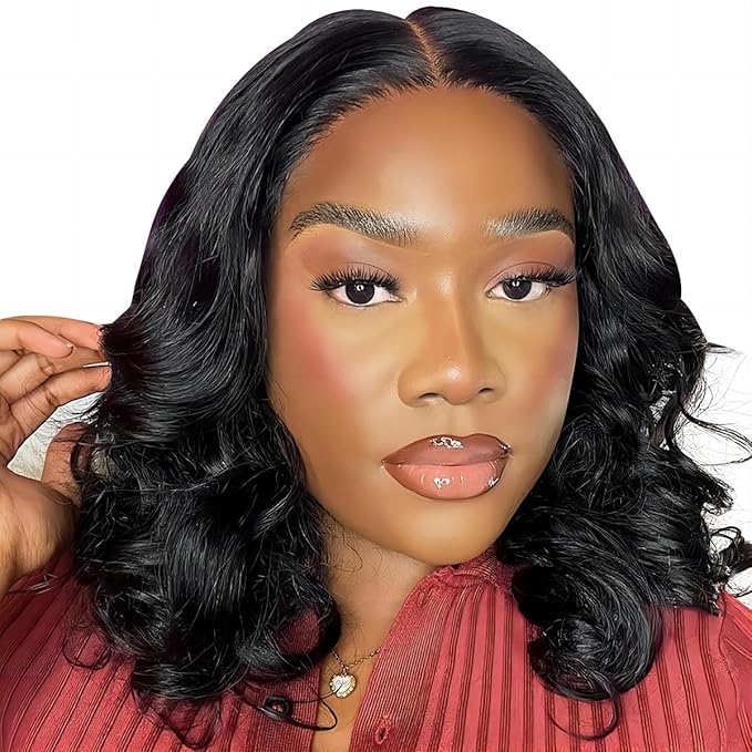 ISEE Wear and Go Glueless Wigs Human Hair Pre Plucked Pre Cut Short Bob Body Wave Lace Front Wigs Human Hair for Women Upgraded Glueless Bob Wig No Glue 6x4 HD Lace Closure Wigs (12 Inch)