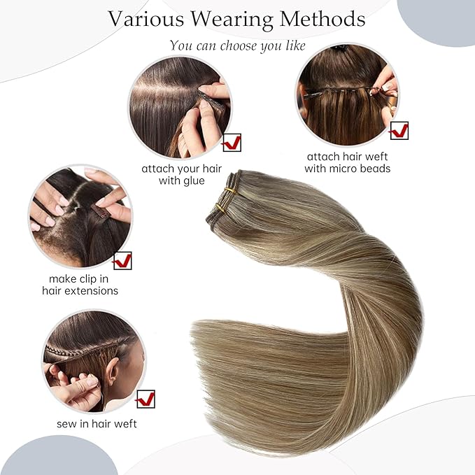 Sew in Hair Extensions Real Human Hair,Weft Hair Extensions Human Hair Bundles,20 Inch 100G Ash Brown to Platinum Blonde Hair Extensions Real Human Hair Weft Weave Bundles for Women