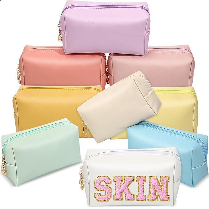 Sanwuta 9 Pcs Preppy Makeup Bag PU Leather Cosmetic Bag Makeup Pouch Plain Waterproof Toiletry Organizers for Traveling Preppy Travel Purse End of the Year Teacher Gifts Bulk(Macaron Colors)