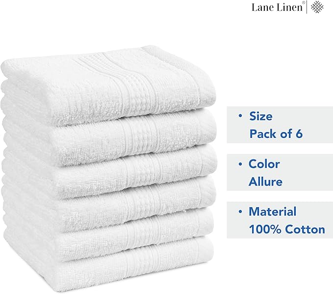LANE LINEN 6 PC Wash Cloths Bathroom Set -100% Cotton Highly Absorbent Washcloths Bulk, Premium Spa & Hotel Quality Wash Clothes - White