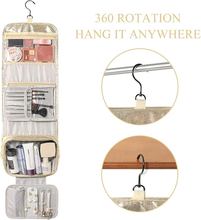 Travel Toiletry Bag for Women,Hanging Travel Toiletry Bag with Jewelry Organizer Compartment,Makeup Bag, Waterproof and Dirt Resistant, Travel Essentials, Gold