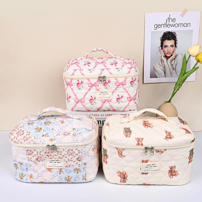 3PCS Quilted Makeup Bag Set, Cosmetic Pouch for Women, Travel Toiletry Bags with Zipper Closure, Coquette Floral Make up Organizers