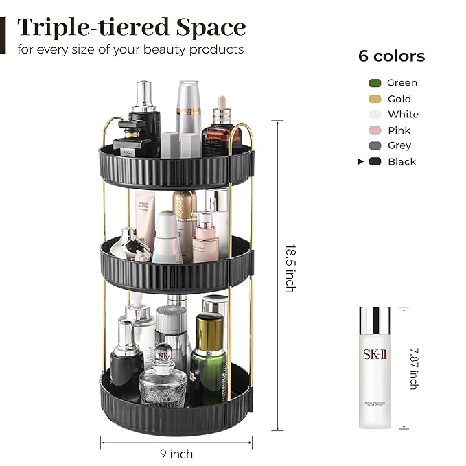Aveniee 360 Rotating Makeup Organizer for Vanity, Large Spinning Bathroom Counter Organizer Shelf Holder for Cosmetics, Skin Care, Lipsticks (3 Tiers, Black)