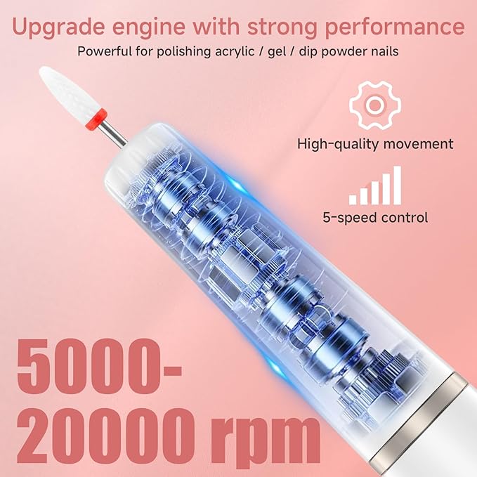 Professional Electric Nail Filer Drill Kit：Rechargeable Electric Nail Drill Set，Cordless Nail File Electric Sander for Acrylic Nail Files and Buffers with Nail Drill Bits Sanding Bands (White)