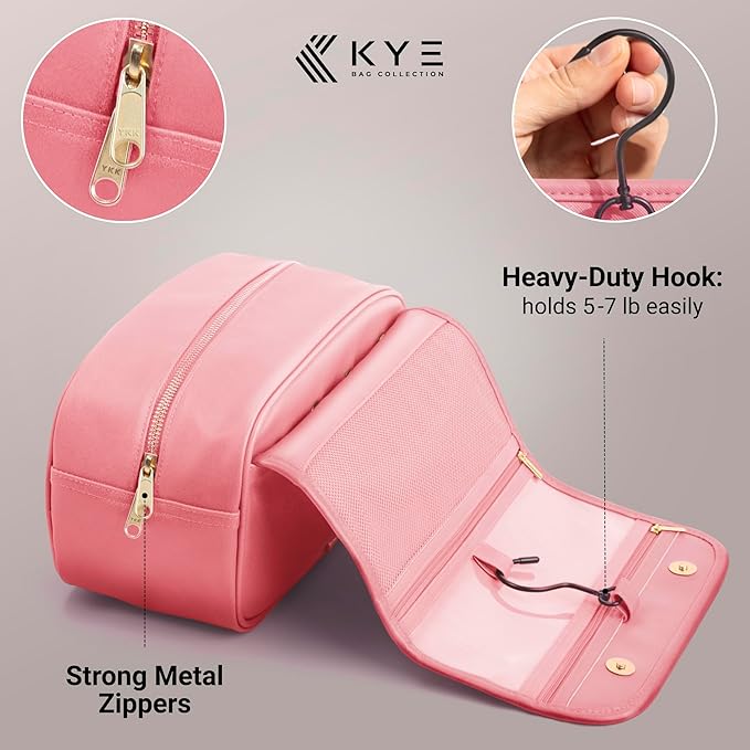 Leather Travel Toiletry Bag for Men with Removable Cover and Hanging Hook - Dopp Kit for men - Makeup Bag Organizer for Women for all your Travel Essentials (PINK)