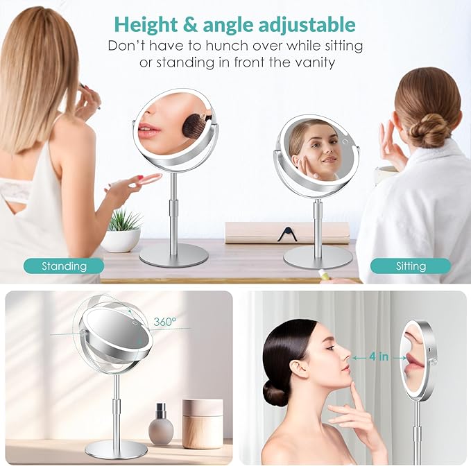 Lighted Magnifying Mirror 10X 1X Magnification, Double Sided Makeup Mirror, Rechargeable LED Beauty Mirror with 3 Color Setting, Adjustable Height Vanity Desk Mirror (Silver)