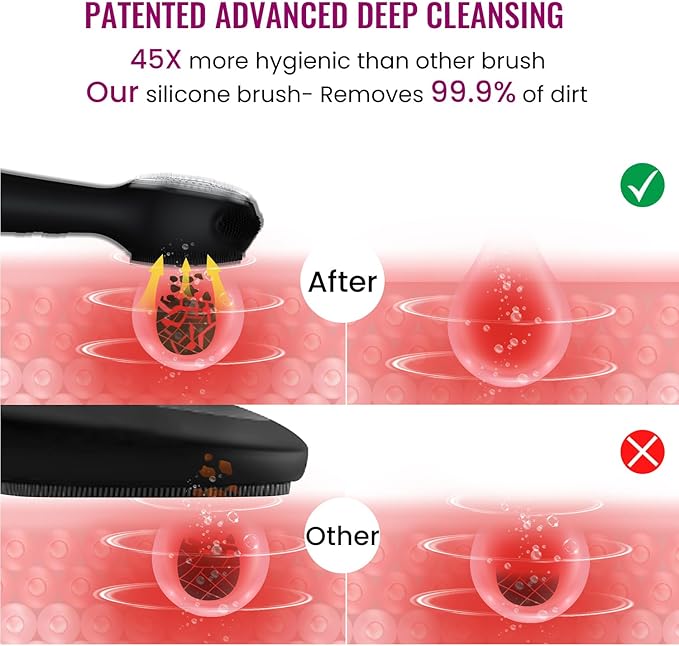 Silicone Face Scrubber Exfoliator Electric for Men Women, Rechargeable Facial Cleansing Brush with Wireless Charging Dock, Waterproof Sonic Vibrating Face Scrub Brush Cleanser for Exfoliating, Black