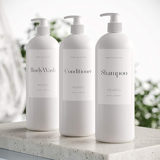 32oz Refillable Shampoo and Conditioner Dispenser Bottles - Set of 3 Empty Shampoo Conditioner Body Wash Dispenser with 8 Waterproof Labels