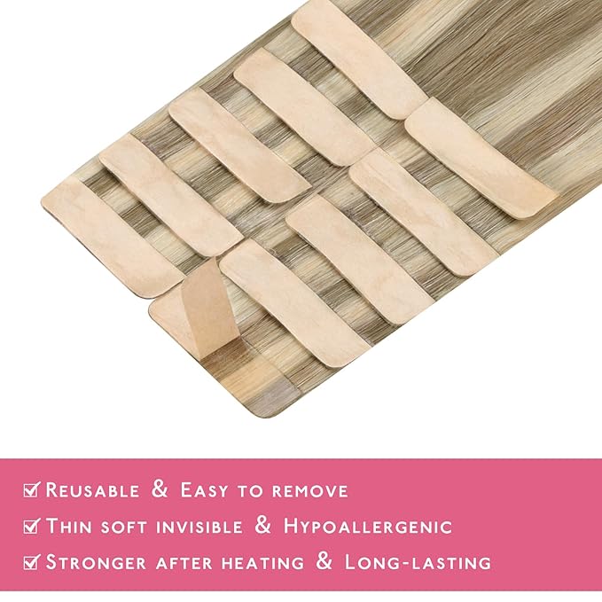 WENNALIFE Tape in Hair Extensions Human Hair Ash Brown Highlighted Golden Blonde, 10pcs 30g 26 inch Remy Hair Invisible Tape Ins Straight Colored Soft Refill Set Extensiones De Cabello Humano Con