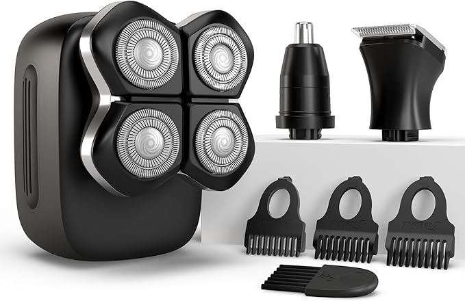 FlexSeries Pro Electric Head & Body Shaver - Mens Cordless Rechargeable Wet/Dry Skull Bald Head Back & Groin Waterproof Razor with Rotary Blades, Clippers, Nose Trimmer, Brush, Massager