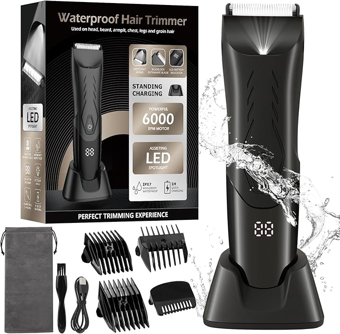 Men Hair Removal Shavers,Waterproof Public Hair Groomers,Manscape Cordless Ball Trimmer, Male Painless Wet Dry Hygiene Razor with Standing Charging Dock SMT110 Black