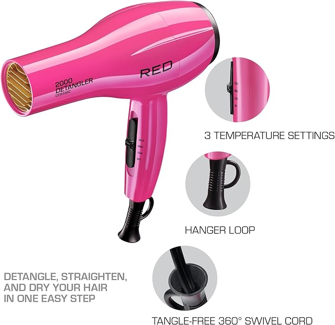 RED by KISS 2000 Ceramic Hair Dryer, Professional Salon Blow Dryer, 2 Detangler Pik Attachments, Tourmaline Technology, 3 Heat Settings, Easy Storage Loop (Pink)