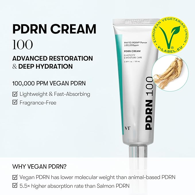 VT COSMETICS PDRN Cream 100, Nourishing & Restorative Moisturizer with 100,000 ppm Vegan PDRN, Lightweight Hydrating Cream for Glowy Glass Skin, Korean Skincare