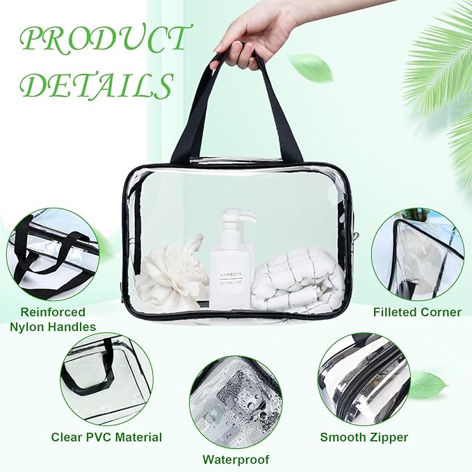 10 Pack Large Clear Cosmetic Bags With Handle - PVC Plastic Toiletry Pouches With Zipper, Tote Bags, Vinyl Bags for Women, Men, Beach, Traveling