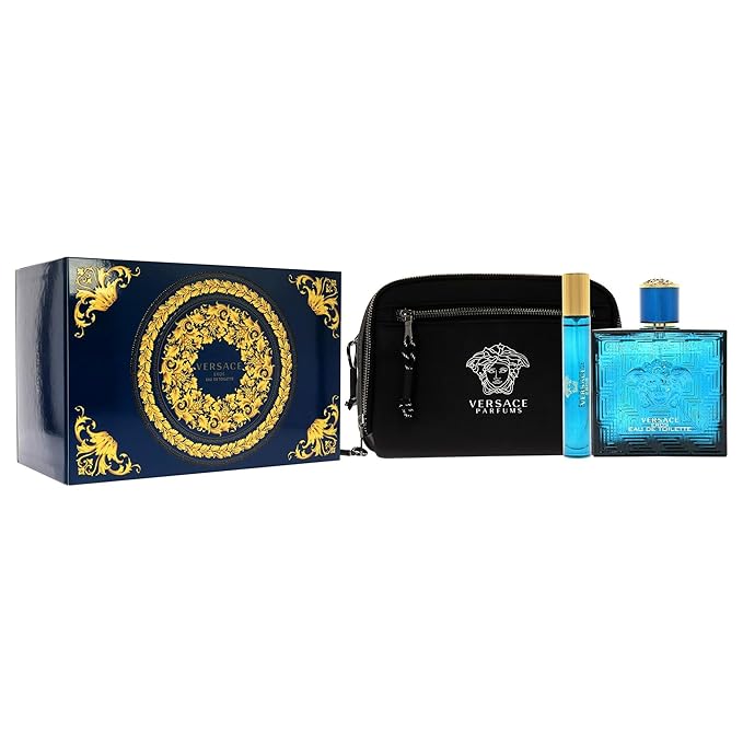 Versace Versace Eros 3.4oz EDT Spray, 0.3oz EDT Spray, Pouch Men 3 Pc Gift Set