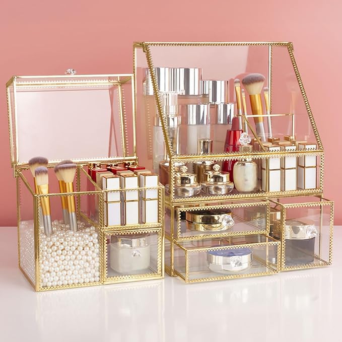 CONHENCI Large Glass Makeup Organizer Drawer Set Beauty Storage Bathroom Counter Organizer Cosmetic Display (11.5inx8.5inx5.5in)