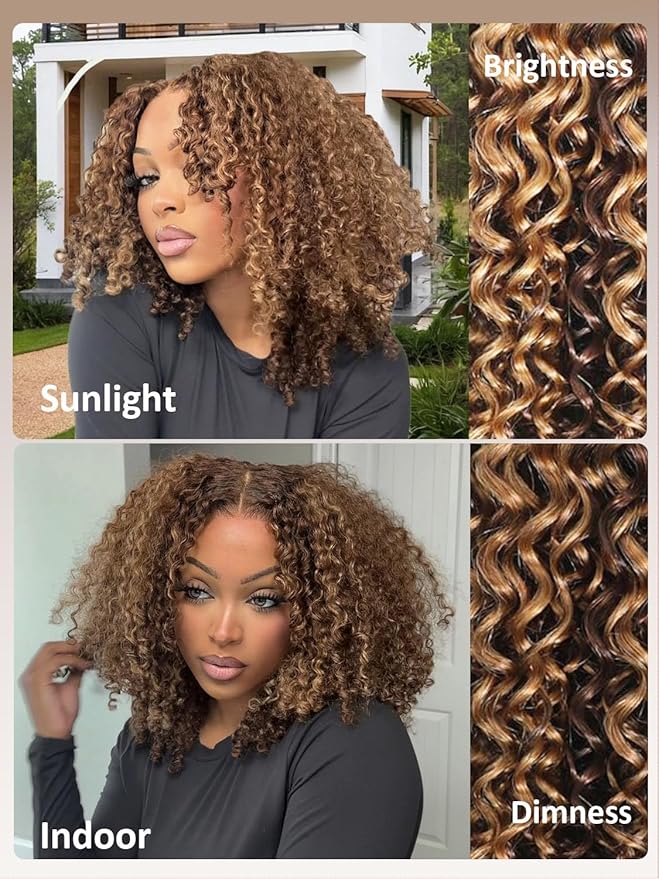 5×5 Kinkycurly Highlight Ombre and Brown Bob Wig Human Hair Glueless Wigs Human Hair Pre Plucked Pre Cut Short Curly Free Part Honey Blonde Hd Lace Closure Wigs Human hair for Black Women 12 Inch
