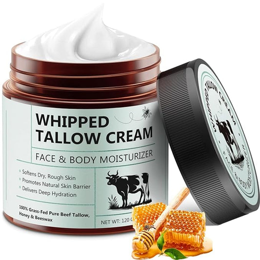 Beef Tallow for Skin, Tallow Face Moisturizer, 4.2 oz Organic Whipped Grass Fed Beef Tallow with Honey Cream for Face & Body, Unscented