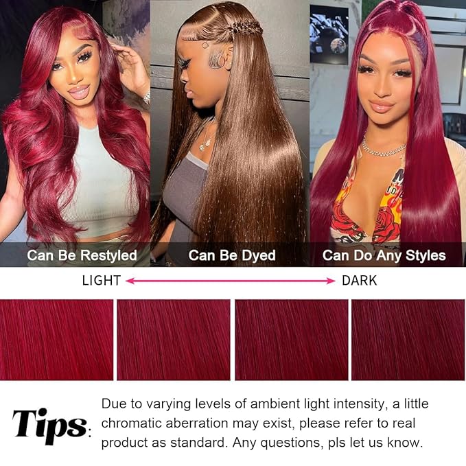 28 Inch 99j Burgundy Lace Front Wigs Human Hair 13x4 HD Lace Front Wigs Wine Red Colored Straight Human Hair Wig for Women 200% Density Glueless Wigs Human Hair Pre Plucked