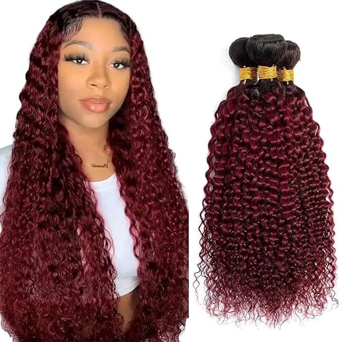 Ombre Burgundy Human Hair Water Curly Weave Bundles 1B99j Curly Bundles Black to Burgundy two tone Brazilian Human Hair Wet and Wavy for Women 24 26 28 Inch