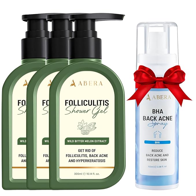 ABERA Folliculitis, BHA Shower Gel, High-Performance Folliculitis Body Wash, Wild Bitter Melon Extract, Reduces Back Acne & Hyperkeratosis,10,14 fl oz (3 Boxes + BHA Back Acne Spray)