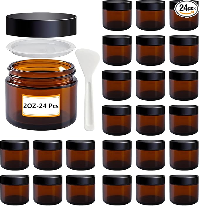 2 oz Amber Glass Jars with Lids,24 Pack 2oz Small Glass Jars with Inner Liners,2 Ounce Travel Jar for Cosmetics Container,Cream Lotion,Body Scrub
