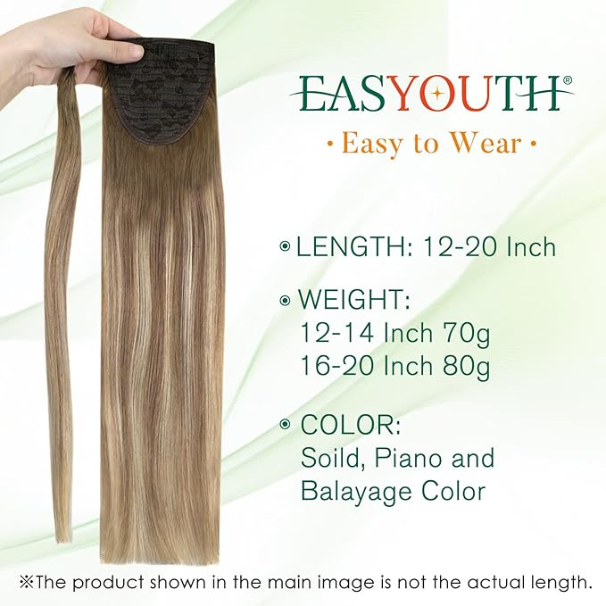 Easyouth Human Hair Ombre Ponytail Extension 14Inch 70g Clip-In Wavy Walnut Brown Ombre Blonde
