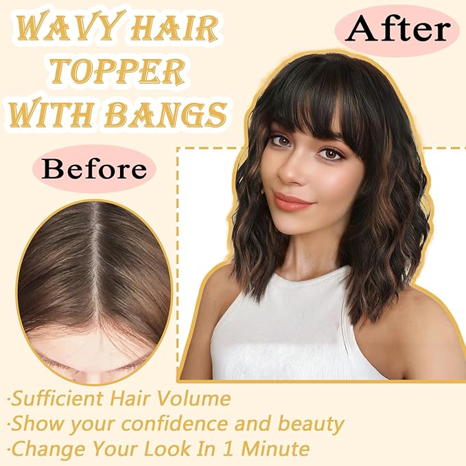 16 Inch Hair Toppers for Women with Thinning Hair, 360° 3D Realistic Toppers for Women Wispy Bangs Clip Synthetic Curly Wavy (H6-22)