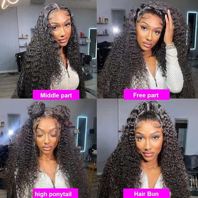 Aomllute Deep Wave Lace Front Wig Human Hair for Women - 200 Density 13x4 HD Deep Curly Glueless Frontal Wig - Pre Plucked 24 Inch