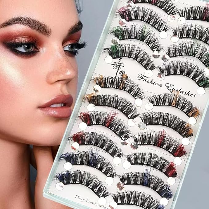 Sunniess Ombre Colored Lashes Silk Protein Fluffy Wispy Volume Fake Lashes for Halloweens Cosplay Party Stage Russian D Curl Lashes with Color Make up Faux Mink False Eyelashes