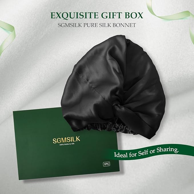 Silk Bonnet for Sleeping Women, 100% Mulberry Silk Sleep Cap with Elastic Band, Real Mulberry on Both Sides, Black