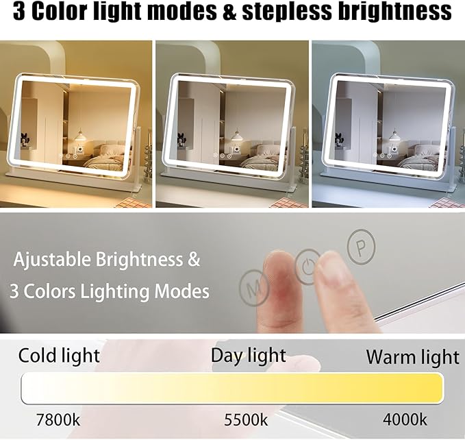 HIEEY Vanity Mirror with Lights, Makeup Mirror with Lights, Three Color Lighting Modes, and 5X Magnification Mirror, Smart Touch Control, 360°Rotation (13.5" x 17.4" White,Gift Box)