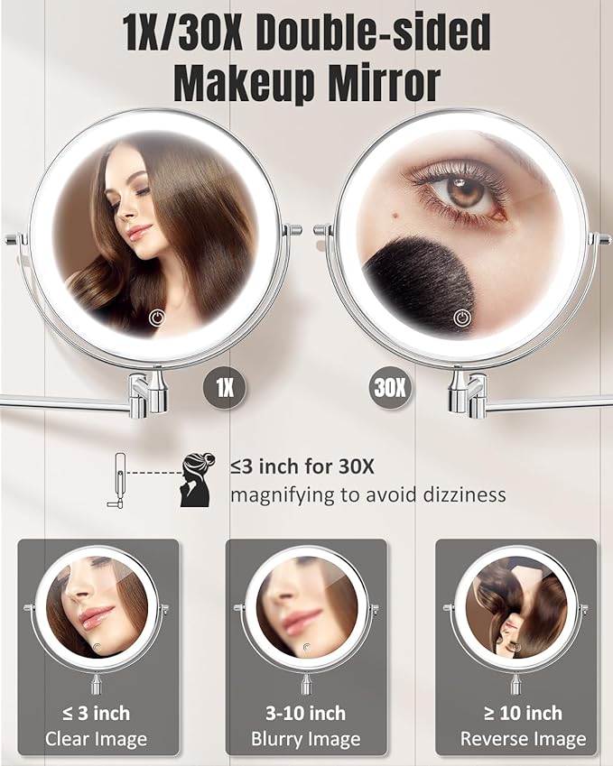 30X/1X Wall Mounted Lighted Makeup Mirror, 8'' Double Sided Rechargeable Magnifying Bathroom Mirror with Light, 3 Color Lights Touch Dimmable Extended Arm 360 Rotation Light up Mirrors