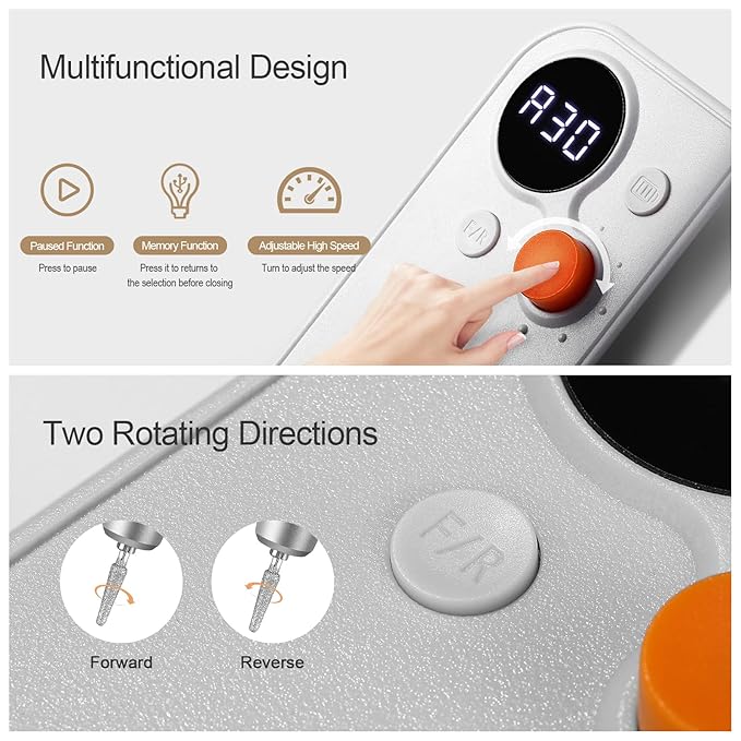 Portable Nail Drill Kit Rechargeable 30000 RPM Electric Nail Machine Professional Cordless E-File Nail Drill Set with 7 Nail Bit, Polishing