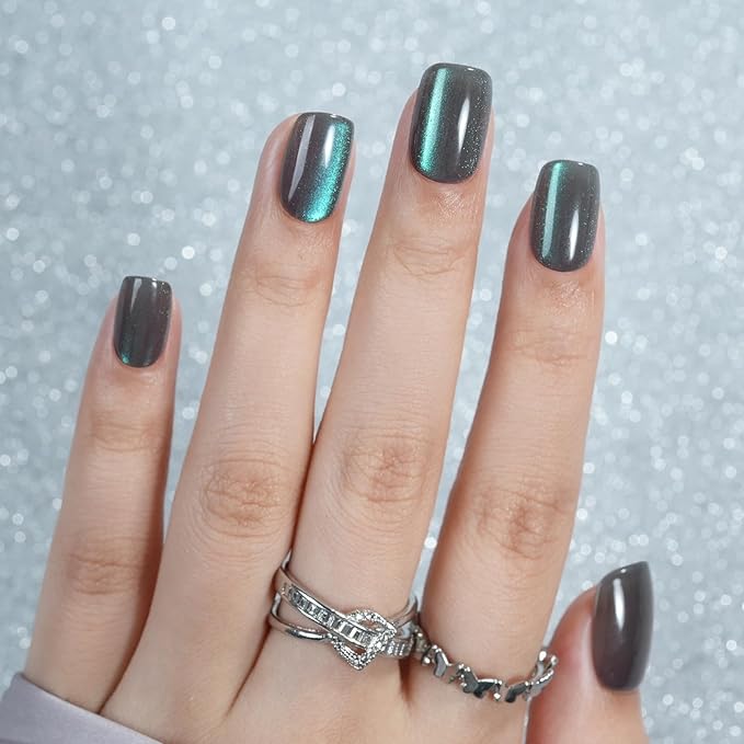 Chameleon Press on Nails Short - Cat Eye Square Glue on False Nails, Stick On in 32 Sizes - 160PCS Soft Gel Fake Nails Kit