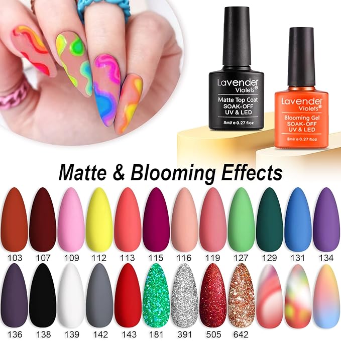 Lavender Violets Gel Nail Polish Set,Base,Glossy n Matte Top Coat,Blooming Gel Liner Pen Classical Solid Colors Nude Red Blue Glitter Sliver Green Gold French Nail Art Gifts for Women UV Varnish C997