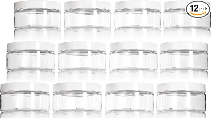 JUVITUS 8 oz Clear PET Plastic Low Profile Jar with White Smooth Lids (12 Pack) BPA Free Large Refillable Empty Storage Containers