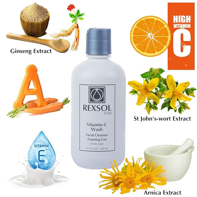 REXSOL Vitamin C Foaming Gel Face Wash | Anti-Aging Cleanser for Sensitive Skin | Natural Daily Facial Cleanser with Vitamins A & E - 8.1 OZ