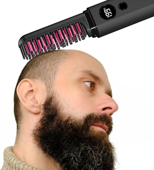 Beard Straightener for Men, Heated Beard Brush, Cordless Beard Hot Comb for Medium to Long Beards, with Travel Case, Rechargeable, 3 Temp Settings, Ionic Technology, Grooming Gift for Men(Black)