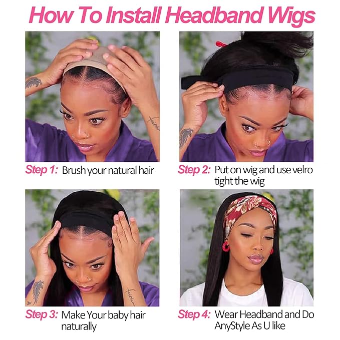 22 Inch Headband Wigs for Black Women Straight Headband Bob Wigs Glueless Black Straight Wig 180% Density No Lace Headband Wig Natural Color Glueless None Lace Front Human Hair