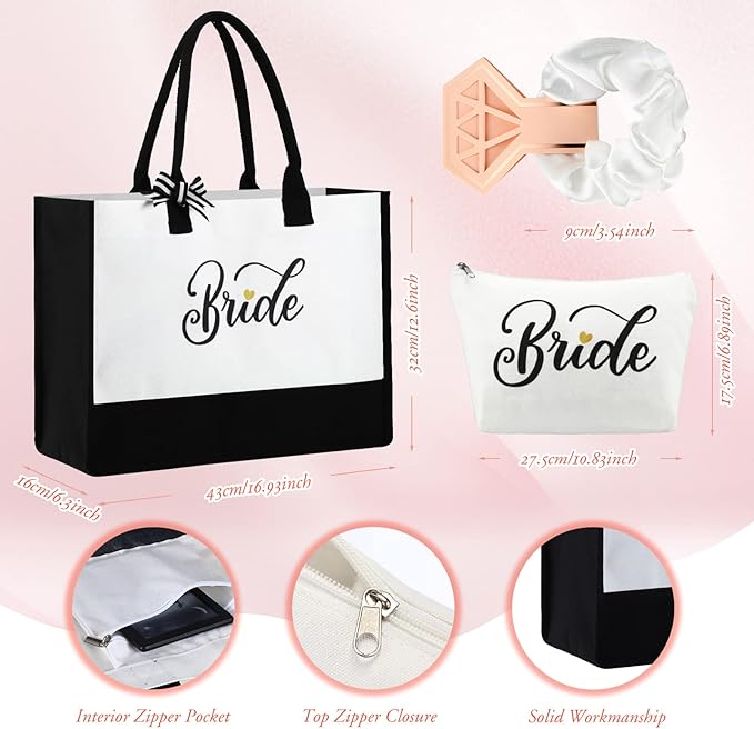 LEIFIDE Bride Tote Bag Bride Gifts Set 5 Pcs Makeup Bag Bride Stainless Tumbler Cup Bride Slippers White Hair Tie Slippers for Bridal Shower Bachelorette Party Wedding Day Gifts for Bride (Classic)